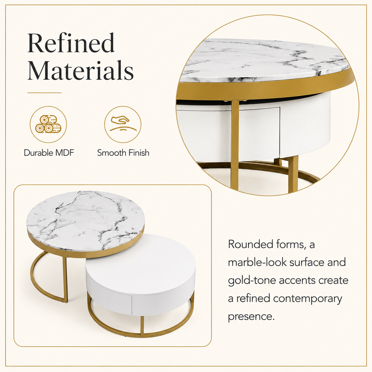 Lumière White & Gold Nesting Coffee Table Set