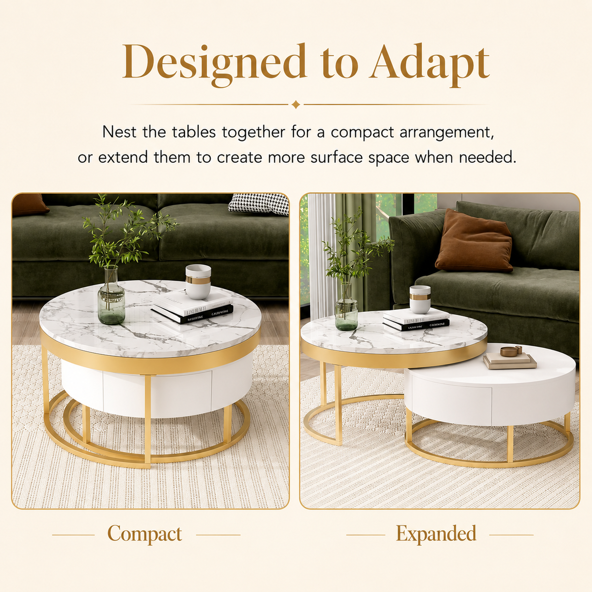 Lumière White & Gold Nesting Coffee Table Set